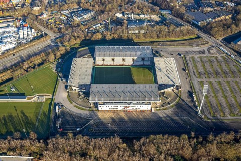 Aerial view, football stadium at the Hafenstraße of the club Rot-Weiß Essen, 3rd Bundesliga,