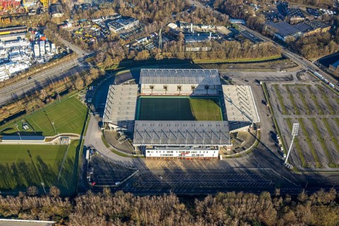Aerial view, football stadium at the Hafenstraße of the club Rot-Weiß Essen, 3rd Bundesliga,