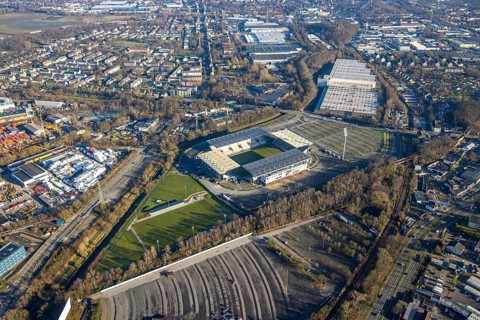 Aerial view, football stadium at the Hafenstraße of the club Rot-Weiß Essen, 3rd Bundesliga,