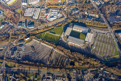 Aerial view, football stadium at the Hafenstraße of the club Rot-Weiß Essen, 3rd Bundesliga,