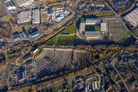 Aerial view, football stadium at the Hafenstraße of the club Rot-Weiß Essen, 3rd Bundesliga,