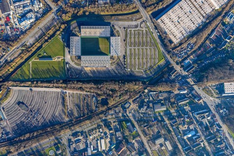Aerial view, football stadium at the Hafenstraße of the club Rot-Weiß Essen, 3rd Bundesliga,