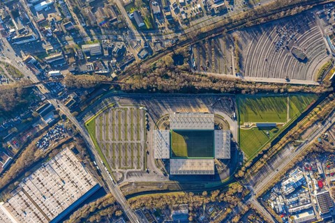 Aerial view, football stadium at the Hafenstraße of the club Rot-Weiß Essen, 3rd Bundesliga,