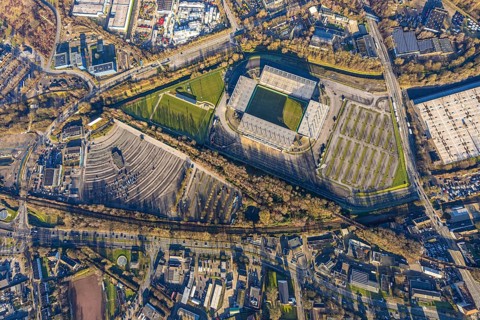 Aerial view, football stadium at the Hafenstraße of the club Rot-Weiß Essen, 3rd Bundesliga,