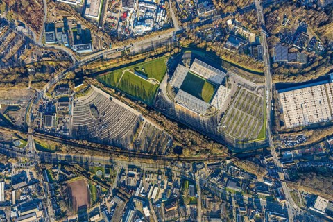 Aerial view, football stadium at the Hafenstraße of the club Rot-Weiß Essen, 3rd Bundesliga,