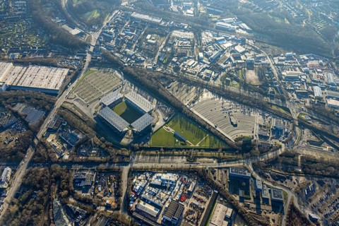 Aerial view, football stadium at the Hafenstraße of the club Rot-Weiß Essen, 3rd Bundesliga,
