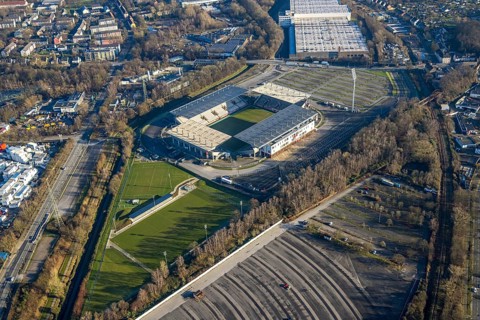 Aerial view, football stadium at the Hafenstraße of the club Rot-Weiß Essen, 3rd Bundesliga,