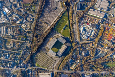 Aerial view, football stadium at the Hafenstraße of the club Rot-Weiß Essen, 3rd Bundesliga,