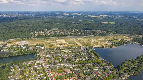 Aerial view, construction site of former marshalling yard Wedau for new Duisburg residential
