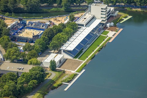 Aerial view, modernisation regatta house and grandstand at the regatta course, Neudorf, Duisburg,