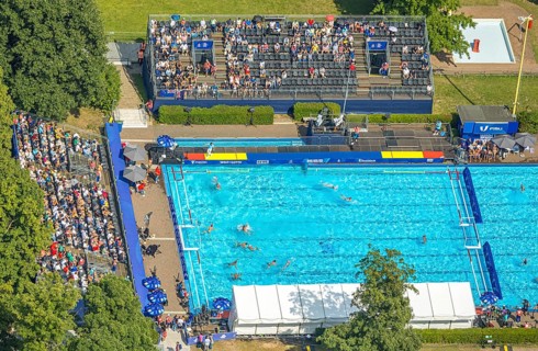 Aerial view, sports park with outdoor swimming pool swimming stadium ASC Dusiburg at Kruppstraße,