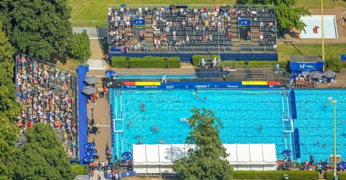 Aerial view, sports park with outdoor swimming pool swimming stadium ASC Dusiburg at Kruppstraße,