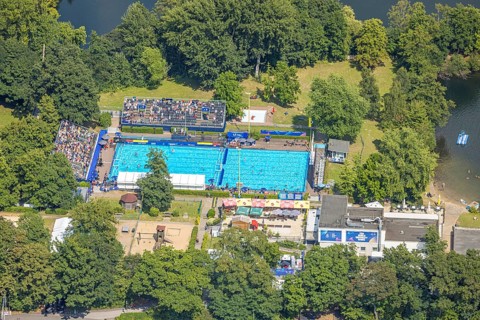 Aerial view, sports park with outdoor swimming pool swimming stadium ASC Dusiburg at Kruppstraße,