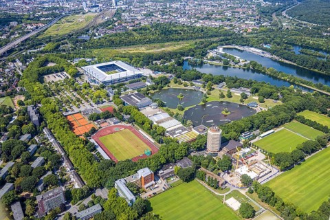 Aerial view, Duisburg-Süd, sports park with Schauinsland-Reisen-Arena, also Wedau-Stadion,