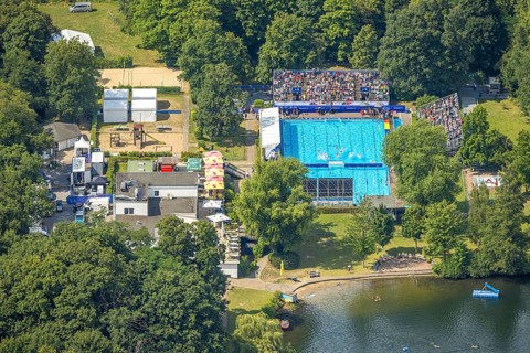 Aerial view, sports park with outdoor swimming pool swimming stadium ASC Dusiburg at Kruppstraße,