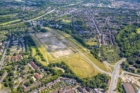 Aerial view, brownfield site Schacht 2/5, construction site and new commercial development area