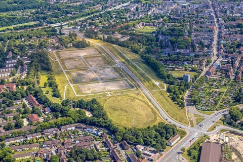 Aerial view, brownfield site Schacht 2/5, construction site and new commercial development area