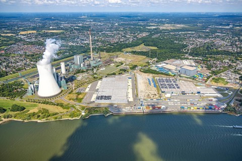 Aerial view, logport VI (six) Walsum, industrial estate and construction site with new building at