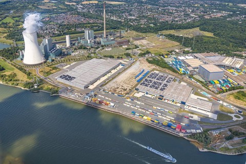Aerial view, logport VI (six) Walsum, industrial estate and construction site with new building at