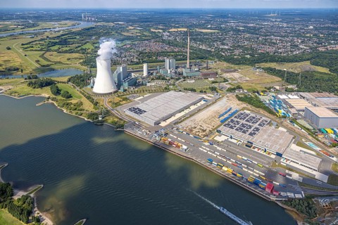 Aerial view, logport VI (six) Walsum, industrial estate and construction site with new building at