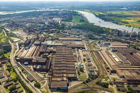 Aerial view, thyssenkrupp Steel Europe - Warmbandwerk, river Rhine, behind Hamborn power station,