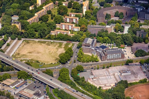 Aerial view, job centre in the former municipal swimming pool, derelict site of the former