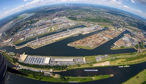 Aerial view, general view Duisburg harbour Ruhrort, globe, fisheye shot, fisheye shot, 360 degree
