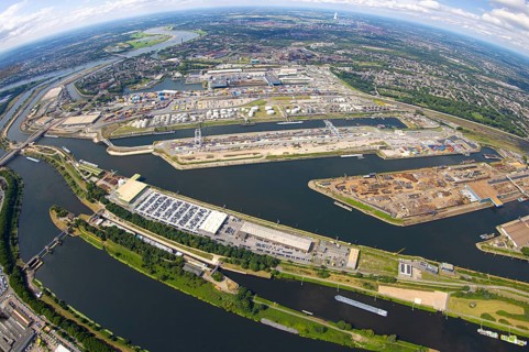 Aerial view, general view Duisburg harbour Ruhrort, globe, fisheye shot, fisheye shot, 360 degree