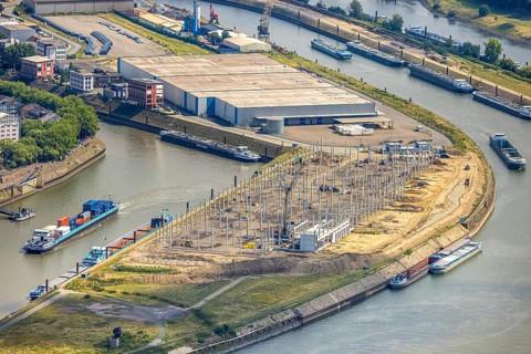 Aerial view, Mercatorinsel inland navigation on Vinckekanal and harbour canal, Stangenwald