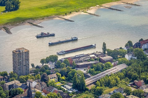 Aerial view, inland navigation on the Rhine past the Hotel Rheingarten high-rise building,