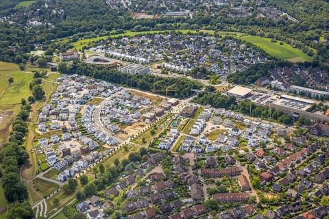 Aerial view, Duisburg-Süd, residential area Angerbogen, Am Alten Angerbach, semi-circular new