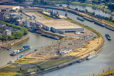 Aerial view, Mercatorinsel inland navigation on Vinckekanal and harbour canal, Stangenwald