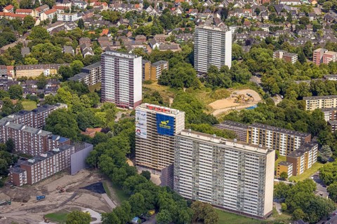 Aerial view, white giant high-rise buildings, social hotspot, four high-rise buildings, three days