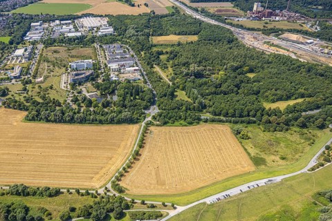 Aerial view, business park Asterlagen and park, meadow area and area for new animal shelter