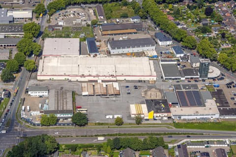 Aerial view, Selgros Großhandel im Gewerbegebiet Schauenstraße, Bergheim, Duisburg, Ruhr area,