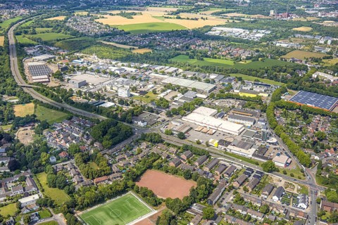 Aerial view, Selgros Großhandel im Gewerbegebiet Schauenstraße, Bergheim, Duisburg, Ruhr area,