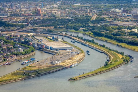 Aerial view, Mercatorinsel inland navigation on Vinckekanal and harbour canal, Stangenwald