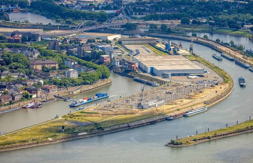 Aerial view, Mercatorinsel inland navigation on Vinckekanal and harbour canal, Stangenwald