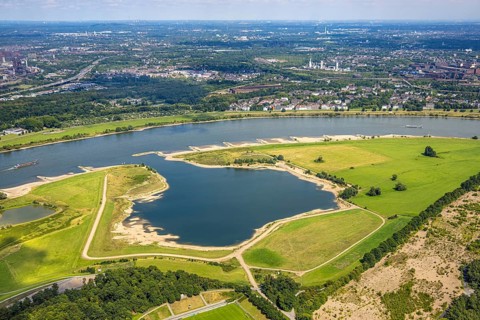 Aerial view, Rhine meadows near Duisburg Homberg, bay on the river Rhine, Alt-Homberg, Duisburg,