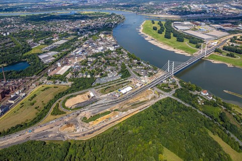 Aerial view, major construction site Rhine bridge Neuenkamp with motorway A40 over the river Rhine,