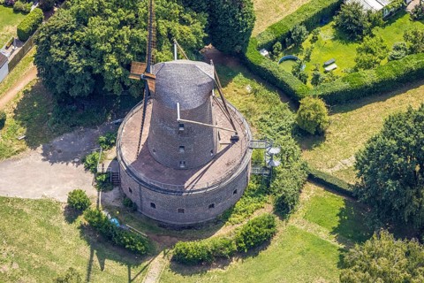 Aerial view, Bergheimer Mühle, Dutch windmill and sight, Bergheim, Duisburg, Ruhr area, North