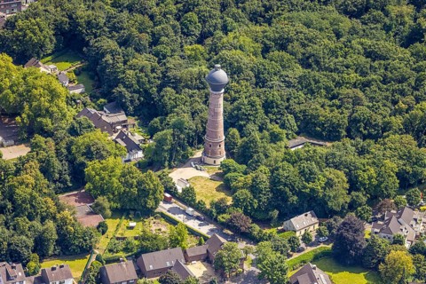 Aerial view, water tower Bergheim, historical sight, Bergheim, Duisburg, Ruhr area, North
