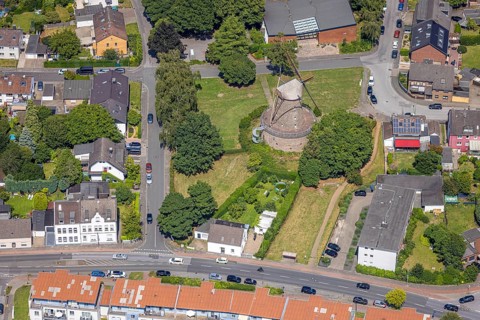 Aerial view, Bergheimer Mühle, Dutch windmill and sight, Bergheim, Duisburg, Ruhr area, North