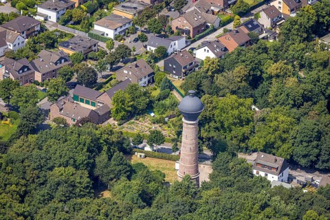 Aerial view, water tower Bergheim, historical sight, Bergheim, Duisburg, Ruhr area, North