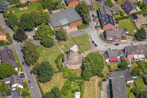 Aerial view, Bergheimer Mühle, Dutch windmill and sight, Bergheim, Duisburg, Ruhr area, North