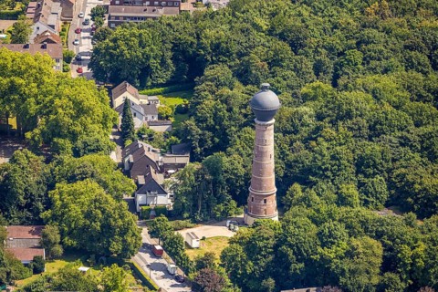 Aerial view, water tower Bergheim, historical sight, Bergheim, Duisburg, Ruhr area, North