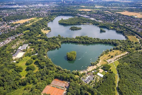Aerial view, Toeppersee and Tegge with water ski facility and leisure facility, surrounded by
