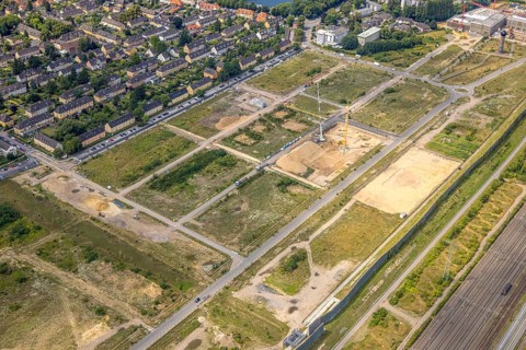 Aerial view, construction site of the former Wedau marshalling yard for the new Duisburg