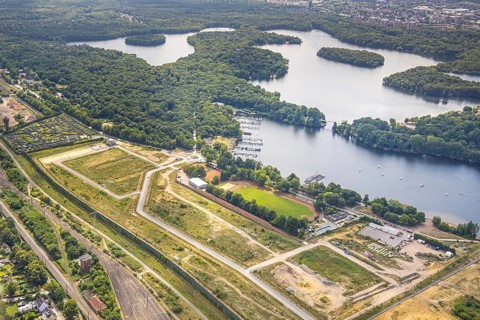 Aerial view, construction site of the former Wedau marshalling yard for the new Duisburg