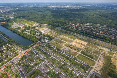 Aerial view, construction site of the former Wedau marshalling yard for the new Duisburg
